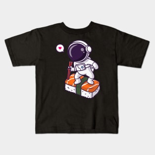 Cute Astronaut Surfing On Sushi With Chopstick Cartoon Kids T-Shirt